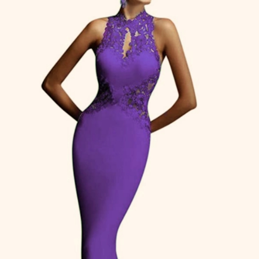 GLORY SUNSHINE DRESS JINUIOR SZ L PURPLE MAXI SLEEVELES HALTER LACE ZIP MERMAID